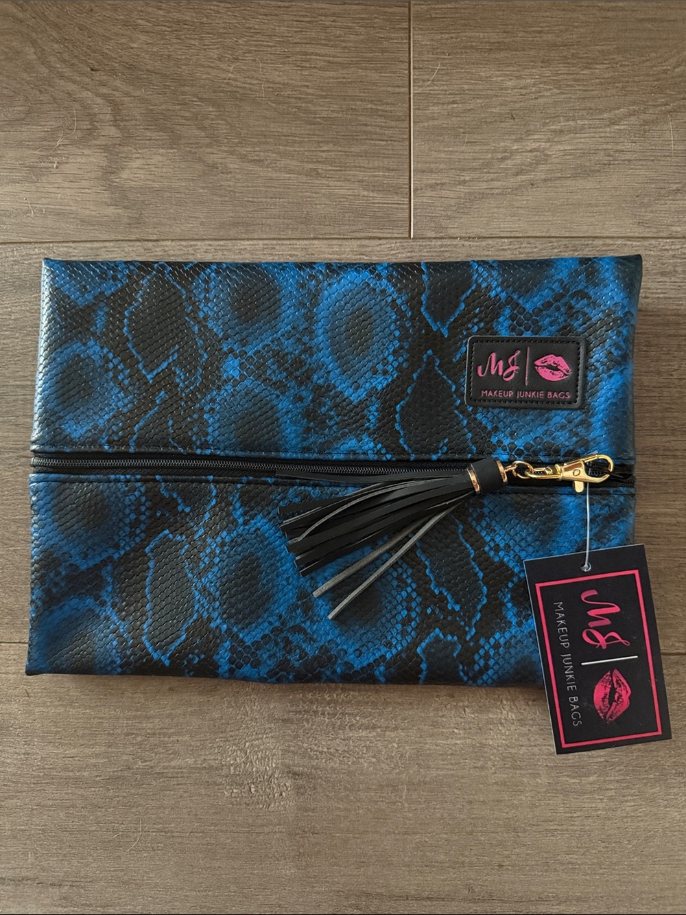 Blue Snake Print Cosmetic Clutch with Tassel